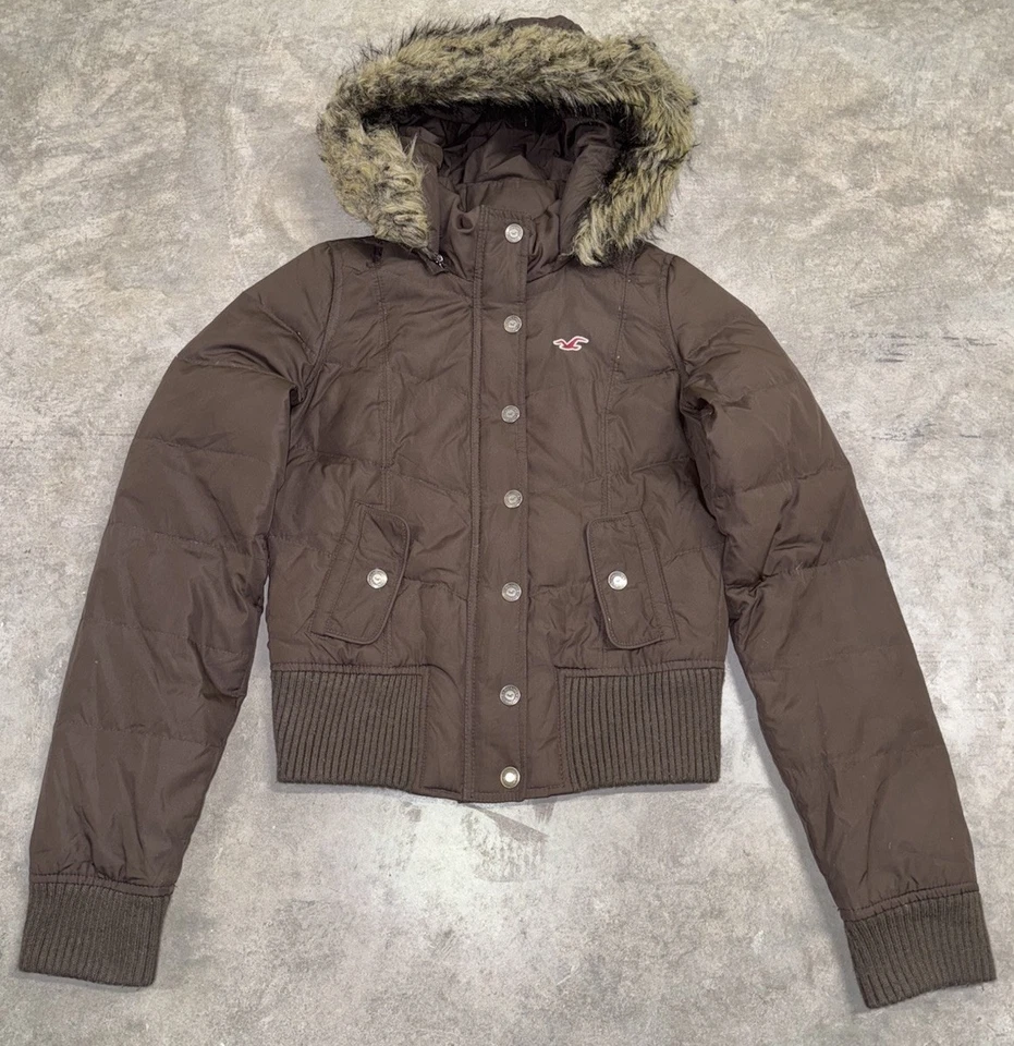 Vintage Y2K Hollister Down Puffer Jacket Womens Med Faux Fur Hooded Crop Brown - Image 2 of 4
