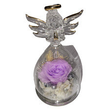 Glass Angel Figurine Preserved Purple Rose Real Flower In Dome Eternal Gift Box