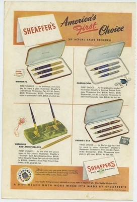Shaeffer Pens Americas First Choice Birthdays Graduation 1949 Vintage Ad