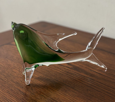 Dolphin Art Glass Or Paperweight Green & Clear Interior 6'' L X 3'' H Unbranded