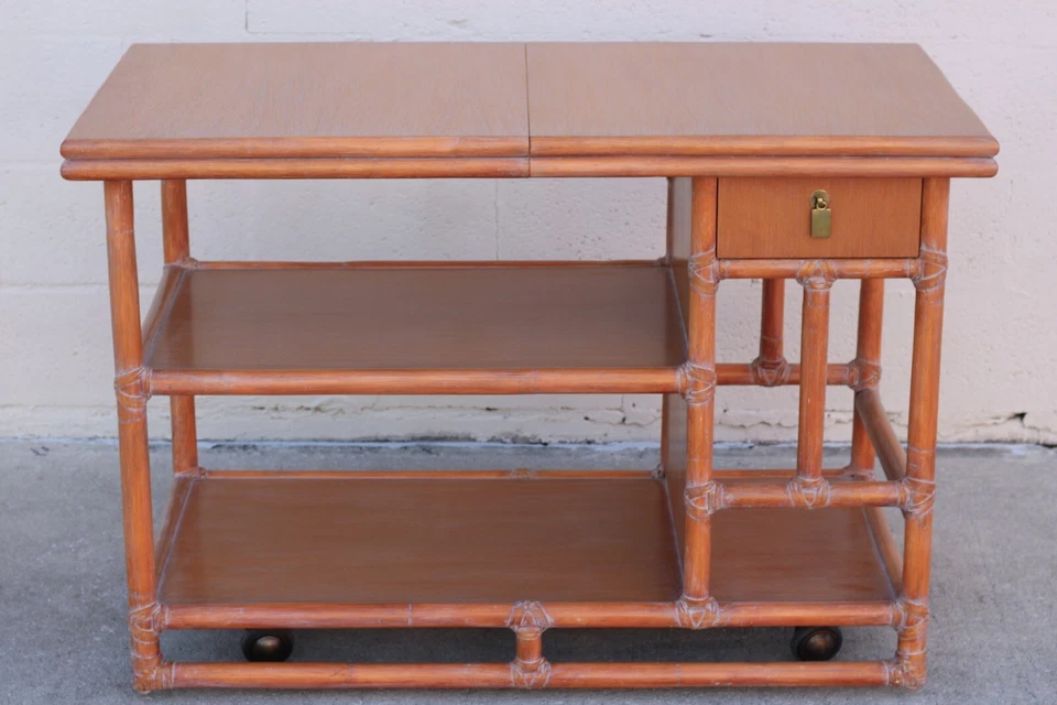 Authentic Marked McGuire Bamboo Rattan Rolling Sliding Adjustable Top Server MCM - Image 4 of 4