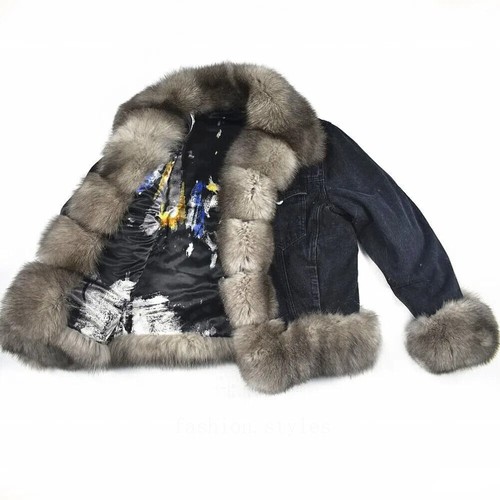 Women's Real Natural Fox Fur Denim Jacket, Parker Clothing, Rabbit Fur Lining - Bild 5 von 36