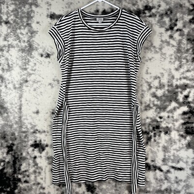 J Crew Midi Dress Womens Size Large Black White Striped Belted Cotton  Casual | eBay