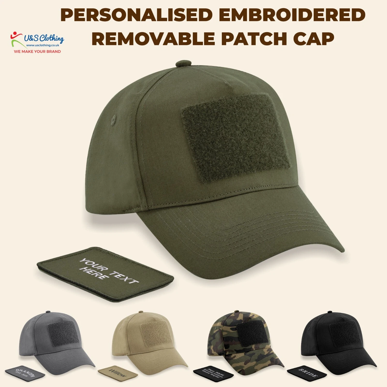 Beechfield Removable Patch 5 Panel Cap Custom Your Text Embroidered Sports Hats
