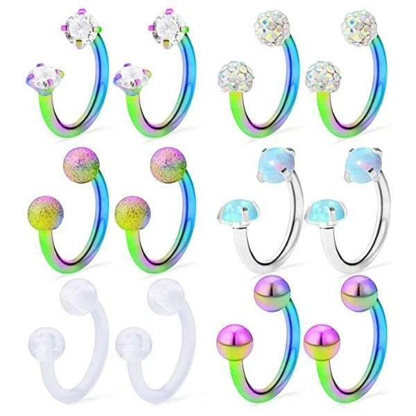 12 un. Anillos de tabique nariz cristal ópalo herradura anillo labio hélice tragus pendiente 16G Foto 2 de 4
