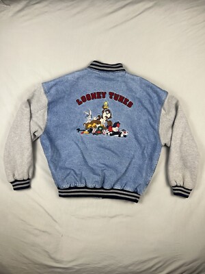 希少ワーナー・ブラザースLOONEY TUNESジャンバー Vintage Looney Tunes Jacket Mens Large Blue Denim Varsity Warner