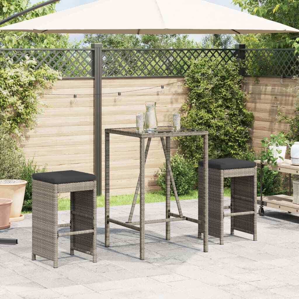 vidaXL Garden Bar Stools with Cushions 2 pcs Grey Poly Rattan