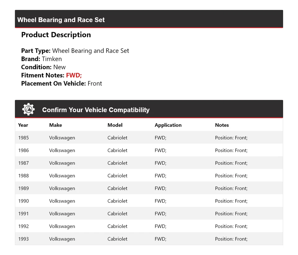 Juego de cojinetes de rueda y carreras delanteros Timken para Volkswagen Cabriolet 1985-1993 tracción delantera Foto 2 de 4