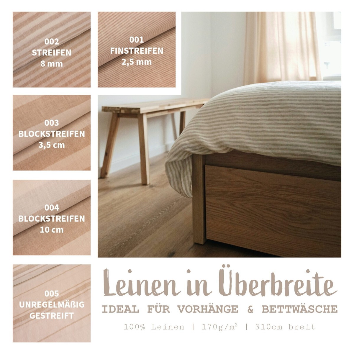 Leinen Meterware überbreit mit Streifen Leinenstoff gestreift *Ab 50 x  310 cm