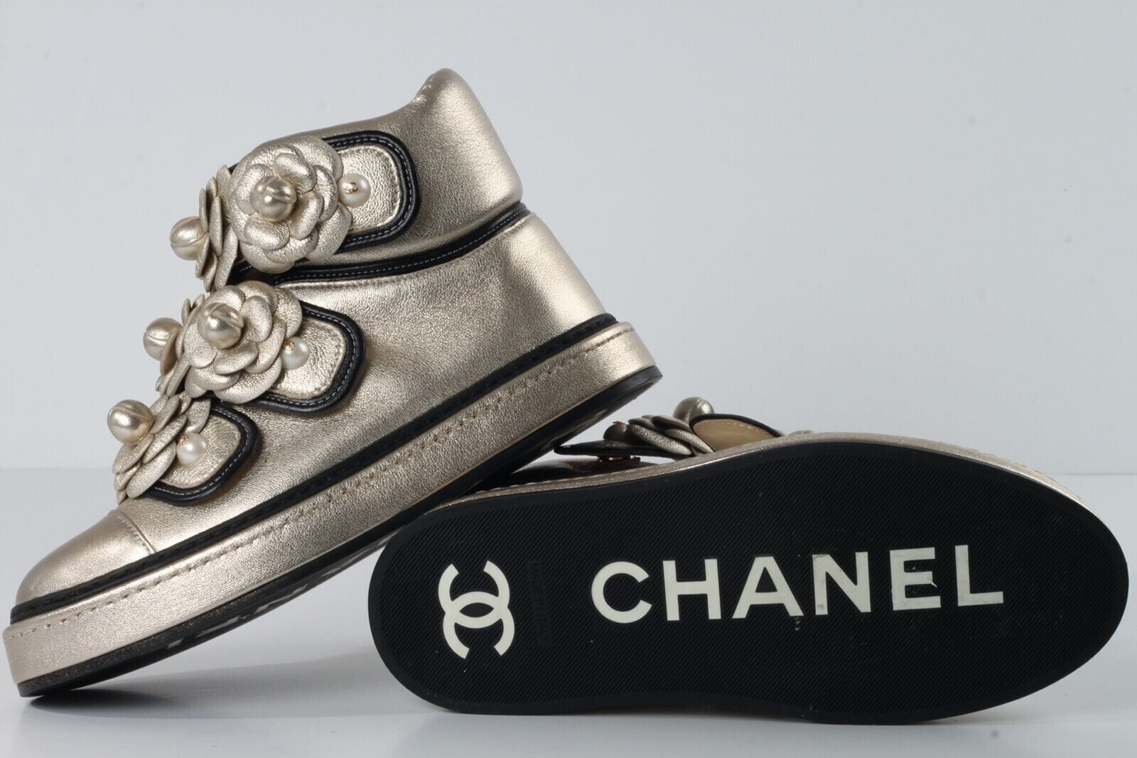 CHANEL Metallic Gold Leather Camellia Flower Pearl High Top Sneakers Size  34.5