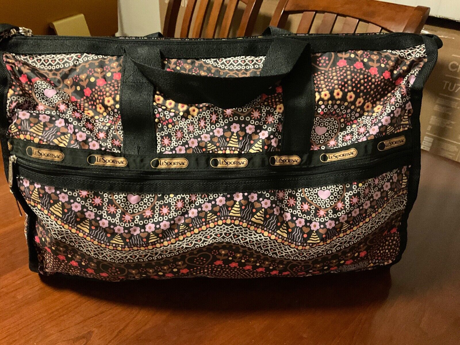 Lesportsac Foldable Packable Travel Tote w/ Pouch Multi Color Floral &  Hearts