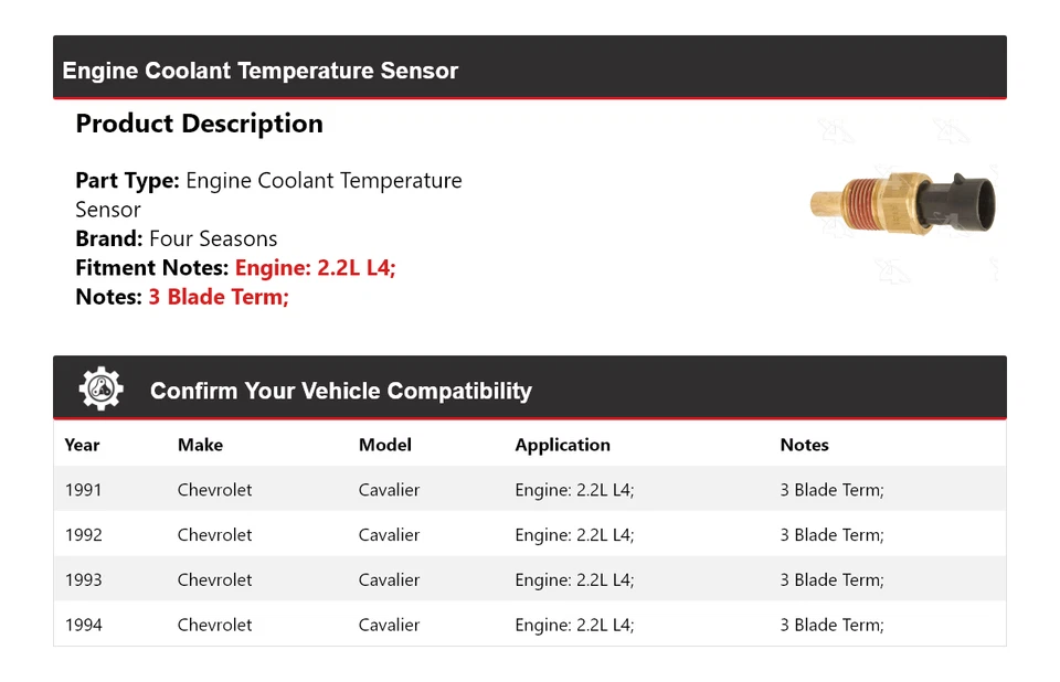 Sensor de temperatura do líquido de arrefecimento do motor Chevrolet Cavalier 1991-1994 4 estações - Imagem 2 de 4