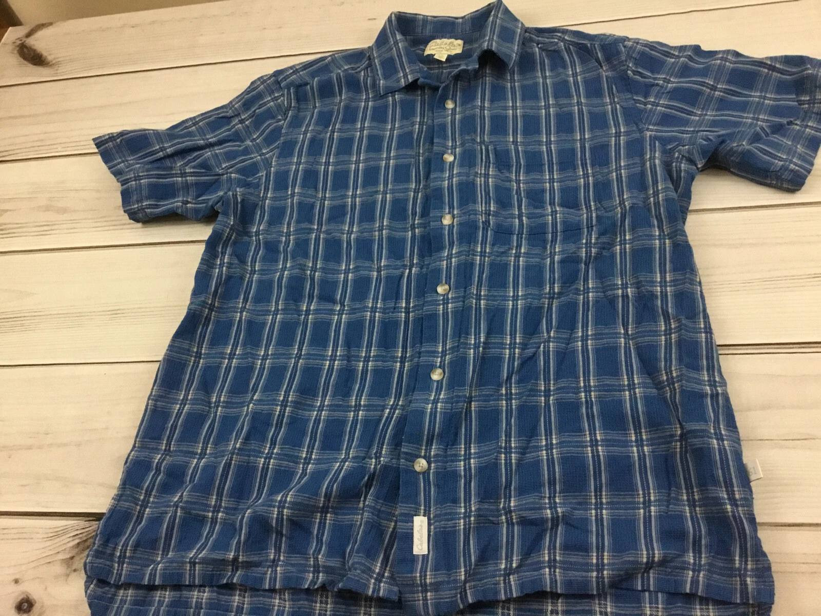 Cabela’s Blue Cotton Plaid Flannel Outdoor Shirt Men’s Large Short Sleeve