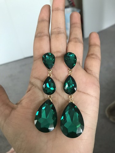3” Green long Gold Long Teardrop Crystal Pageant Bridal Earrings Formal Prom - Picture 4 of 7