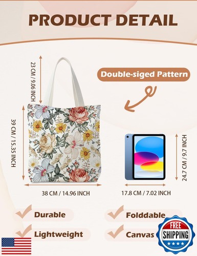 Floral Canvas Tote Bag for Women, Flower Aesthetic Tote Bag, Flower Floral Re - Picture 5 of 5