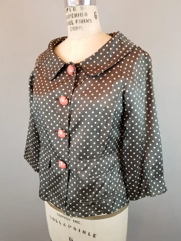 Cynthia Steffe 1950's Style Olive Green Polka Dot Jacket Jeweled Buttons Size 6 - Image 4 of 4