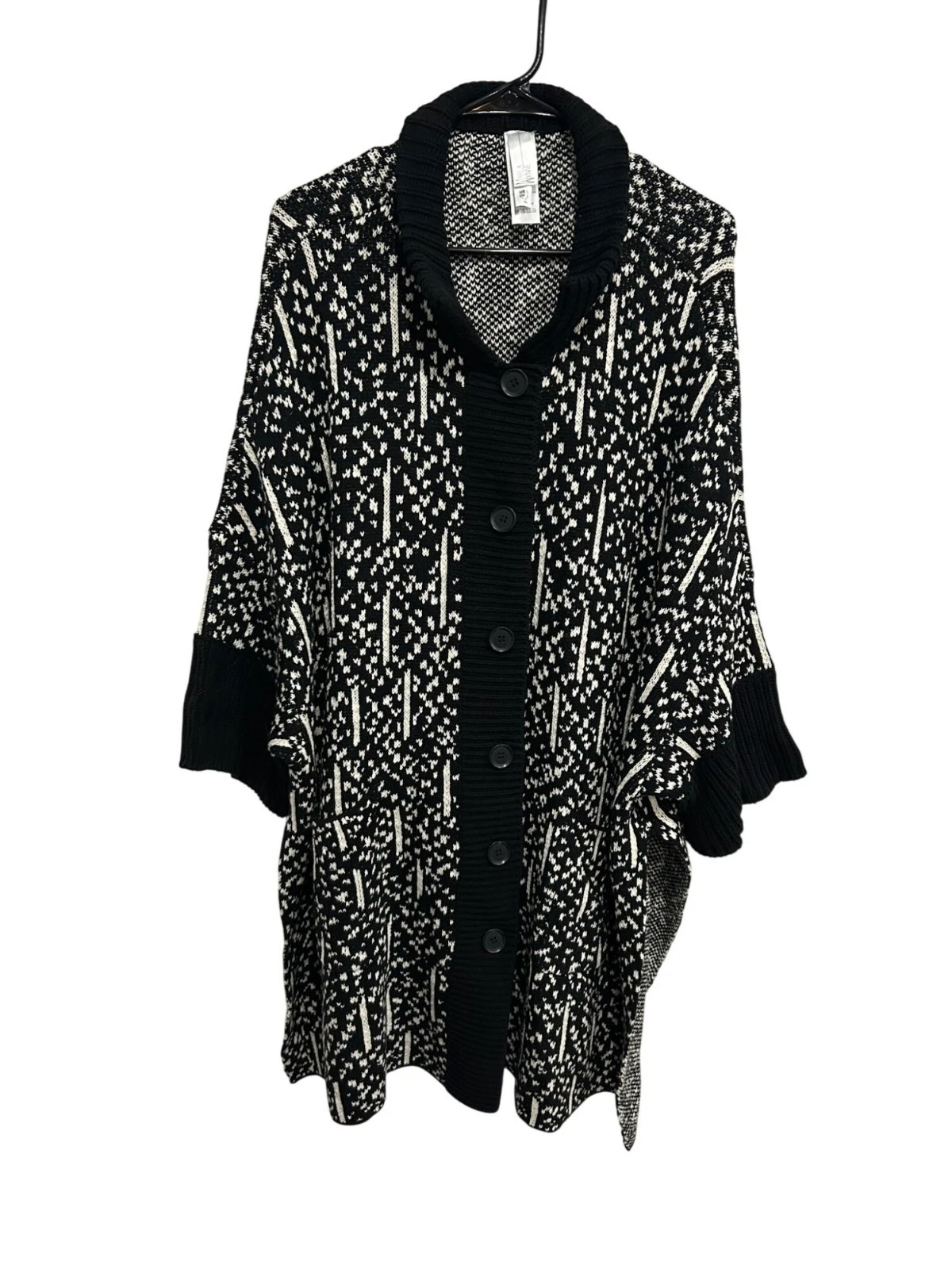 Marla Wynne Black White Patterned Button-Front Knit Cardigan Poncho Size L Cozy