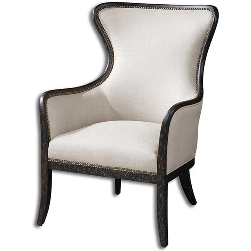 Uttermost Sandy Traditional Wood and Fabric Wingback Arm Chair in Beige - Picture 1 of 12