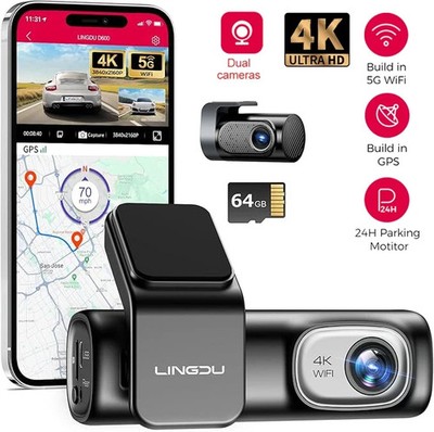 LINGDU D600 Dual Dash Cams 4K/2.5K/1080P WiFi GPS  Voice Control 64GB Free TF