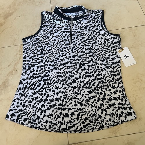 NWT TAIL Abstract Cheetah Black & White Sleeveless Mock Golf Shirt Size Small S