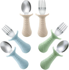 Baby Toddler Fork and Spoon Utensil Set, 6 Pack Silicone Stainless Steel Silverw