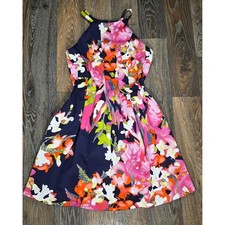 Vince Camuto Floral Halter Fit and Flare Dress Navy Pink Orange Size 6