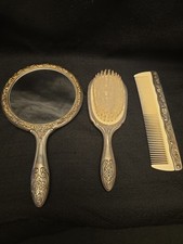 Silver Plated Vanity Set Vtg Hand Mirror Hair Brush Comb Victorian Art Nouveau