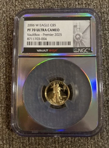 2006 W Eagle $5 PF 70 Ultra Cameo Gold 1/10th 999 Round Vault Box NGC
