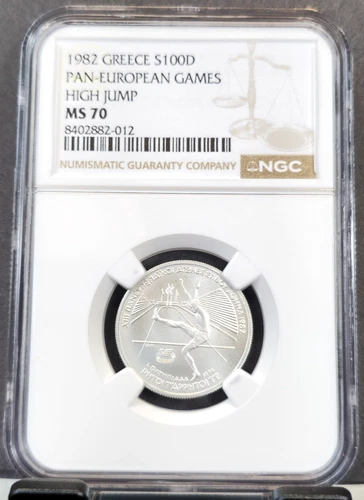 1982 GREECE SILVER 100 DRACHMAI PAN EUROPEAN HIGH JUMP NGC MS 70 RARE TOP POP 1