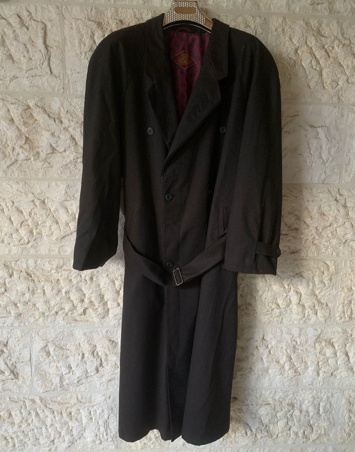Vintage wool blend classic belted db brownish long over coat 50R 2XL