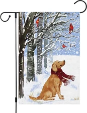 Winter Garden Flag 12X18 Double Sided, Burlap Small Golden Retriever Dog Cardina