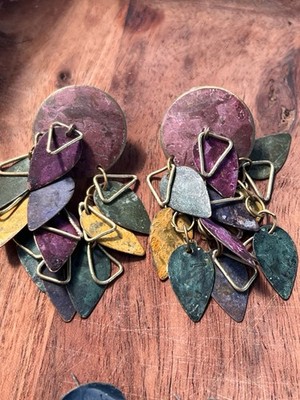 Vintage Boho Brass Dangle Earrings Made in India Leaf Fringe Statement Earrings