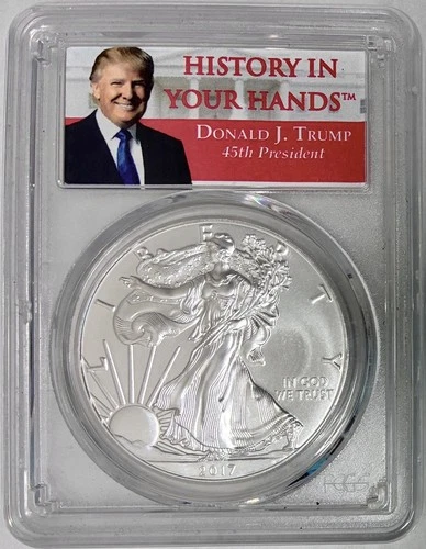 2017 American Silver Eagle, PCGS MS-70, First Strike & Trump 1st Term Label