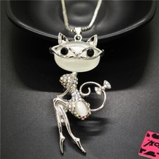 Hot Fashion Women Rhinestone Pretty Cat Girl Crystal Pendant Chain Necklace