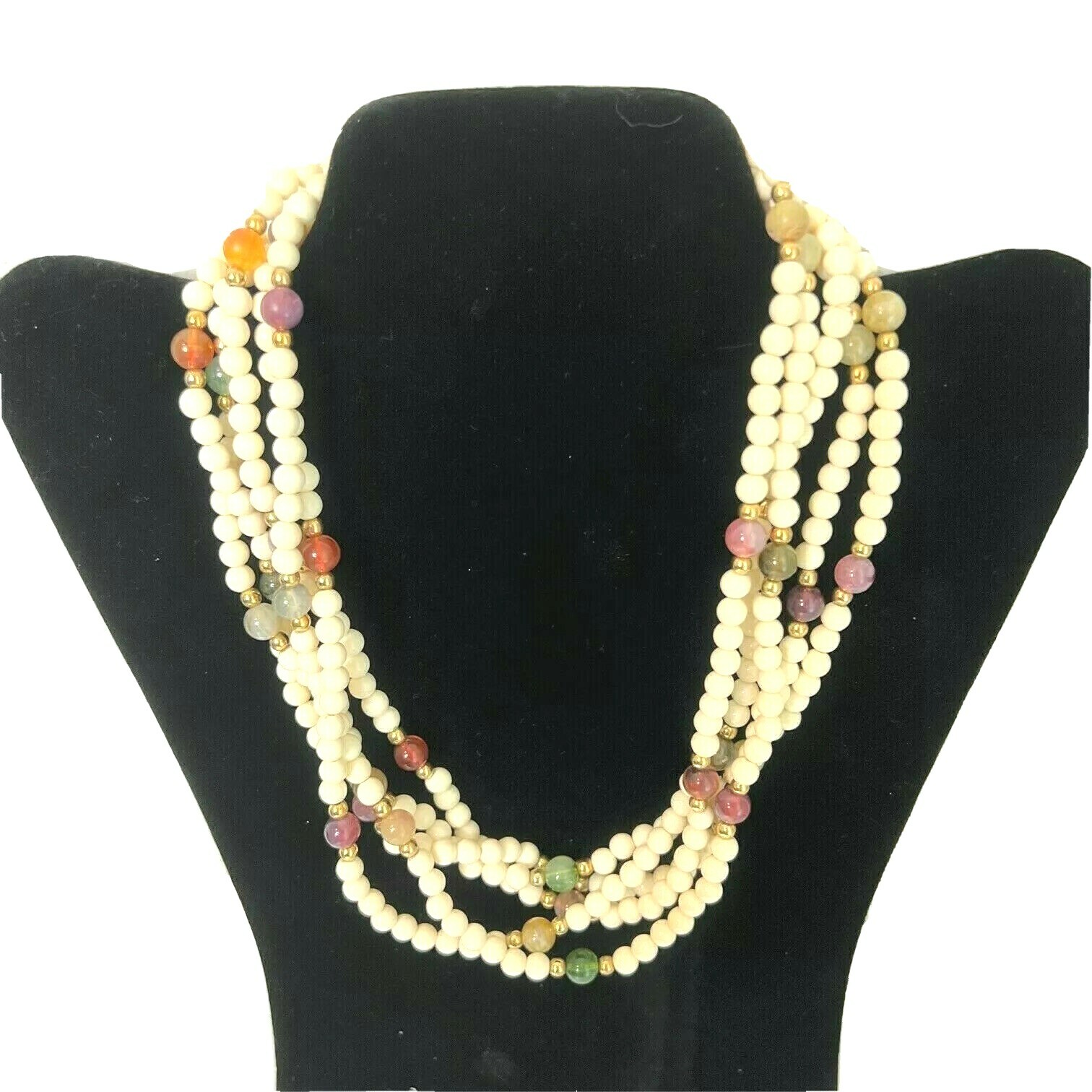 Beaded Multi-Strand Necklace Small White Beads wi… - image 1