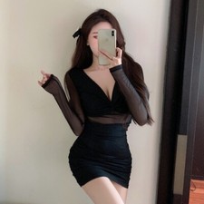 Women Sexy V-Neck Stitching Mesh Long-Sleeved Perspective Slim Bottoming Dress