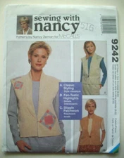 Lined classic loose fit vest Nancy pattern 9242 sz 8 10 12 14 16 18 20 22 uncut