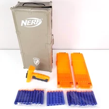Nerf Ammo Locker + N Strike 12-Round Cartridges x 2 + Pistol Grip + Darts x 60