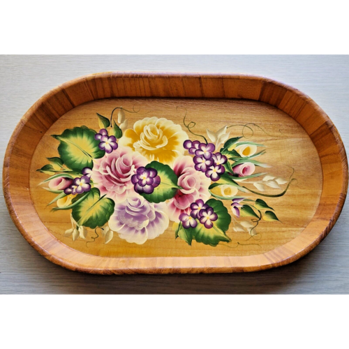 TRAY-WOODEN-HAND PAINTED-FLORAL-LIGHT WEIGHT-ARTIST-BRIGHT COLORS-18 in X 10 in - Picture 1 of 12