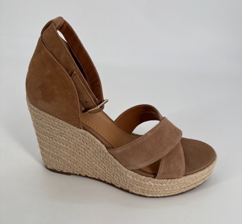 Lisa Vicky Wedge Sandals Cognac Suede 9.5 Cross-Strap Espadrille Heel - Picture 5 of 10