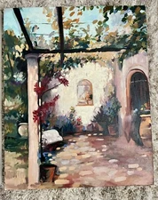 Original Painting of a colorful Cortile, Beautiful colors, 16x20 Artwork