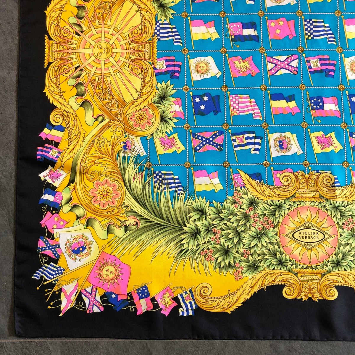 GIANNI VERSACE silk scarf Flags and Sun print S/S 1993