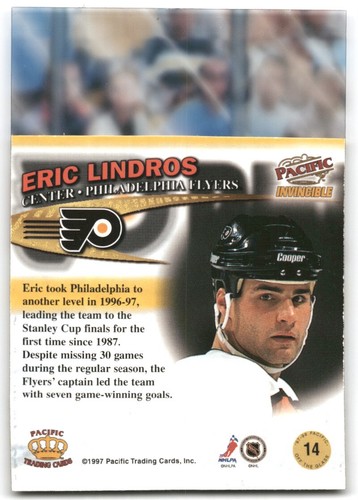 1997-98 PACIFIC INVINCIBLE OFF THE GLASS #14 ERIC LINDROS - Picture 2 of 2