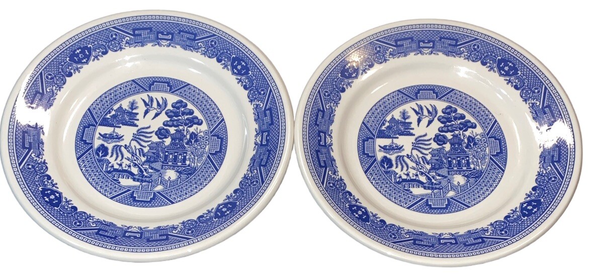 BUFFALO CHINA Restaurant Ware Set of DINNER Plates BLUE WILLOW Green  Backstamp