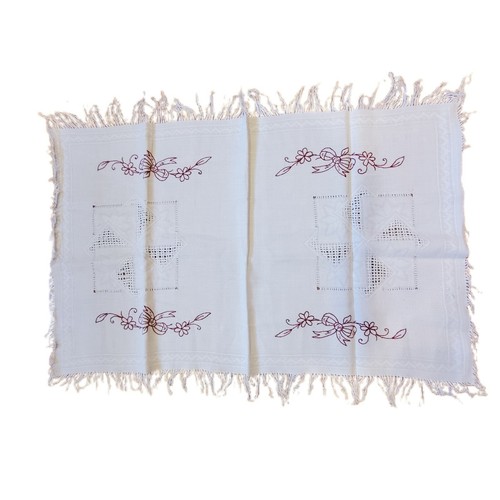 Vintage Redwork Embroidered Bureau Scarf Table Runner Drawn Work Border Design - Picture 2 of 7