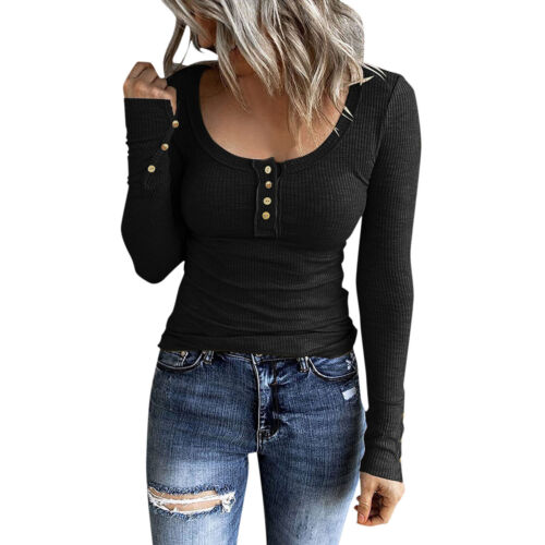 Lady Long Sleeve Henley T Shirt Button Slim Fit Top Scoop Neck Ribbed Knit Shirt - Picture 28 of 81