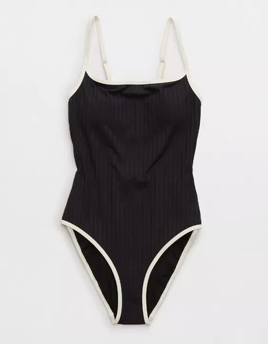 Aerie Wide Rib Scoop Full Coverage One Piece Swimsuit MEDIUM LONG True Black - Picture 3 of 4