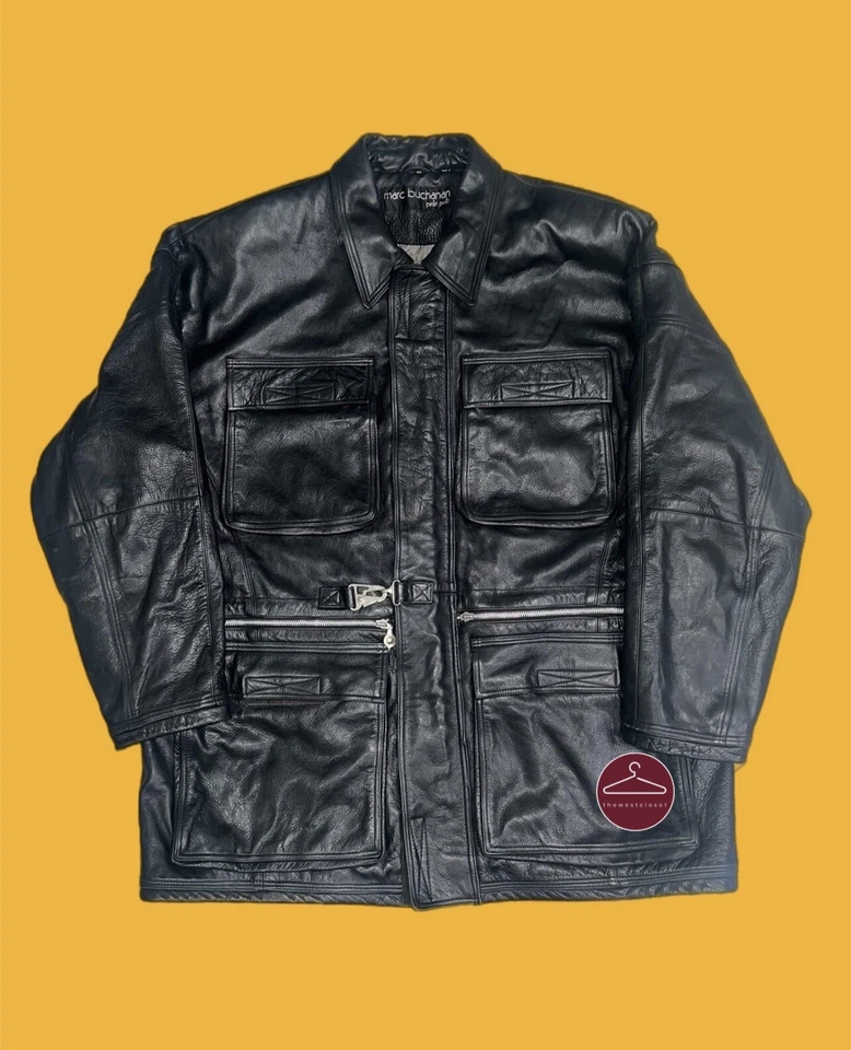 Chaqueta táctica de cuero vintage años 90 Marc Buchanan Pelle Pelle
