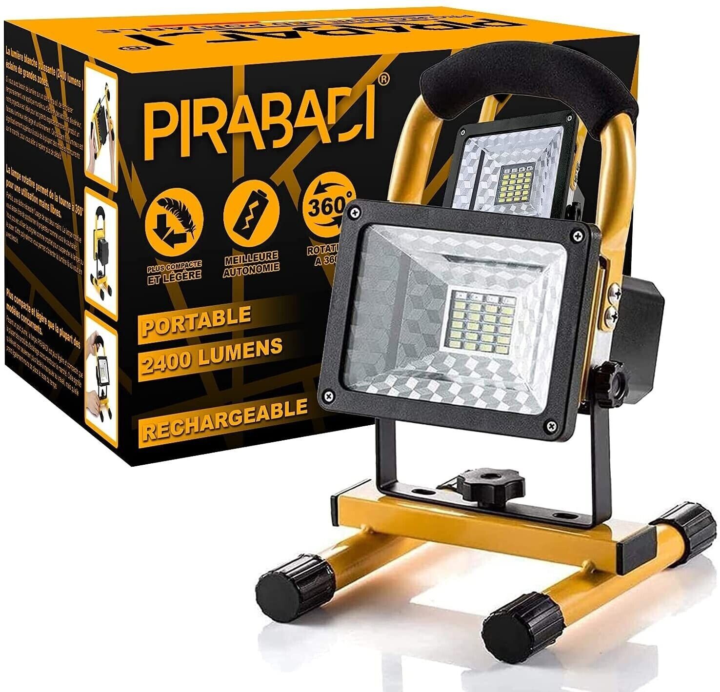 Projecteur LED ultra puissant rechargeable avec poignée ergonomique et support orientable