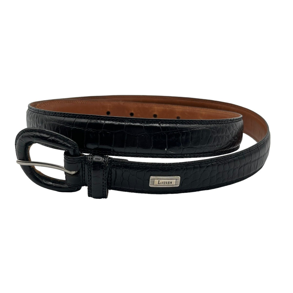 Vtg Lauren Alexandra Black Embossed Crocodile Leather‎ Belt with Gold Buckle SAINT LAURENT Cassandre embellished croc-effect leather belt  main image 2